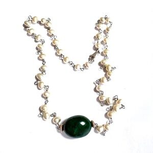 ROSS SIMONS Necklace Pearls Emerald Nugget Center 925 14K RS BOX